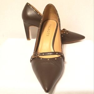 Talbots Womens  5 1/2 Brown Leather Grommet Embellish Vamp Strap Pumps Brazil
